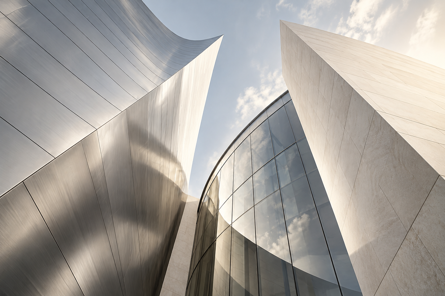 Abstrakte Architekturkomposition aus Glas, Metall und Stein